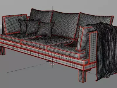 Modern Grey Fabric Sofa with Throw Pillows and Blanket Free 3D model