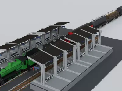 Vintage Steam Train Engine Station with Interior Low-poly 3D model
