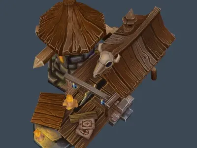 Cartoon Old Wood and Stone Workshop Sawmill Low-poly 3D model