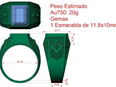 Masonic ring with rectangular emerald and embossed side symbols 3D print model