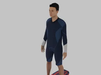 Surfer man in wetsuit on surfboard Low-poly 3D model