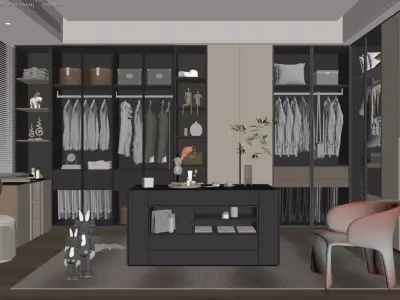 Modern Luxury Walk-In Closet with Integrated Vanity and Seating 3D model