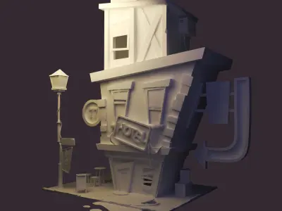 coffeshop street and  hotel  Low-poly 3D model