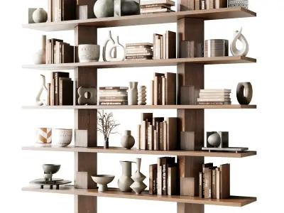 Wooden Shelves Decorative With Plants and Book - Wooden Rack 28 3D model