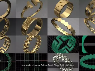 New Modern Luxury Golden Band Rings Set 3D Model Pack
