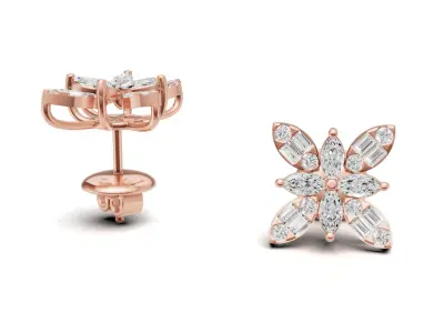 Floral Cluster Diamond Stud Marquise and baguette Diamond 3D print model