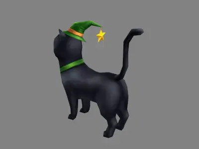 Cartoon black cat wearing wizard hat Low-poly 3D model