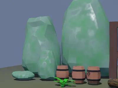 Low Poly Cartoon Trees Grass Plants Fence Barrel Low-poly Free low-poly 3D model