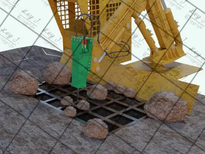 Mining stationary hydraulic rock breaker with operator cabin 3D model