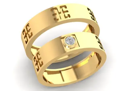 Luxury Couple Diamond Rings with Engraved Pattern 2525 3D print model