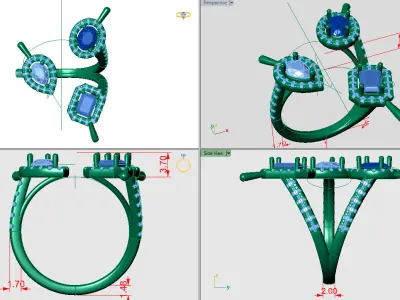 Oval-Emerald-Pear cut halo ring 3D print model