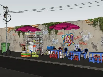 Peddling street umbrellas and chairs 3D model