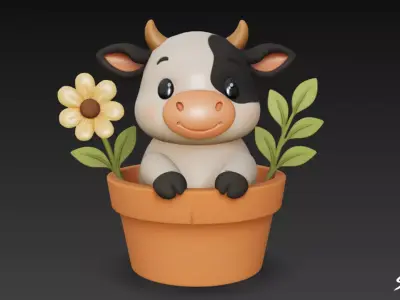 Cow in Flower Pot Low-poly 3D model