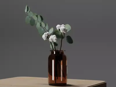 Cotton and Eucalyptus Branches Plant in Amber Glass Jar 3D model