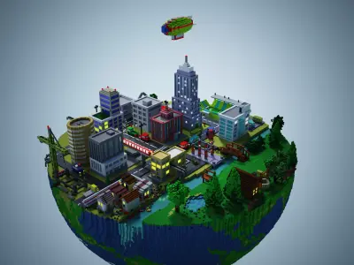 Earth with city and village landscape voxel 3D model