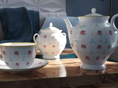Tea set flower pattern Free low-poly 3D model