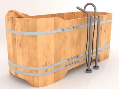 Wooden bath and faucet Low-poly 3D model
