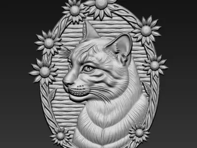 Cat Head with Sunflowers Border A86 3D print model