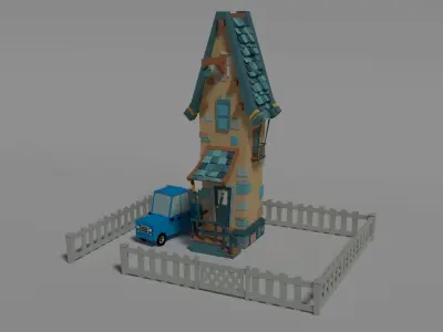Cartoon House and Car Low-poly 3D model