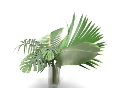 Artificial Faux And Plam Leaf In Vase PBR 3D model