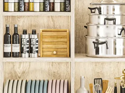 A cabinet with kitchen utensils dishes and decor 3D model