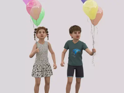 Kids with Balloons - Joyful Character Low-poly 3D model