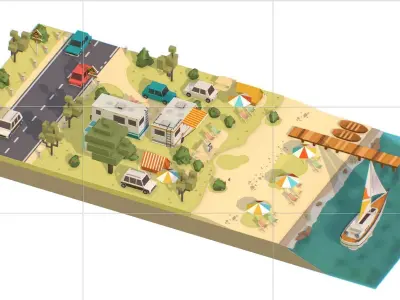 isometric house island coniferous trees cottage Low-poly 3D model