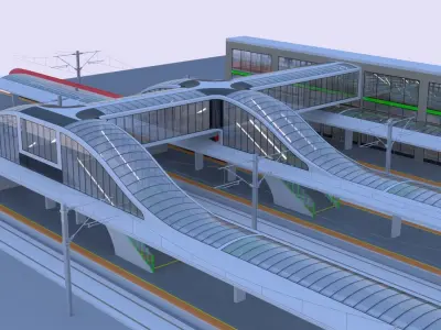 Railway station with train 3D model