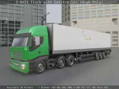 3-AXIS Truck with Semitrailer High-Poly Version 3D model