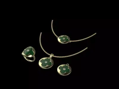 Luxury Clover Jewelry Set 07 3D Model  Ring Pendant Necklace  3D print model