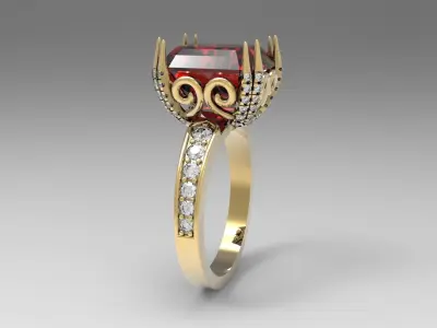 Ring with emerald gem and ornament 3D print model