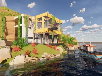 Futuristic Cyberpunk Building in the Sea Low-poly 3D model