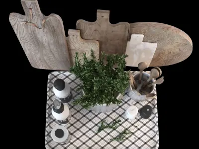 Kitchen decoration set with rosemary and cutting boards 3D model