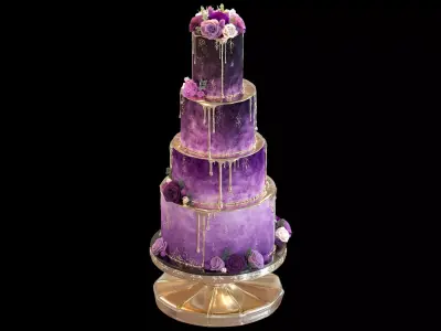 Luxury Wedding Cake with Flowers  Tiered Floral Purple  Gold Low-poly 3D model