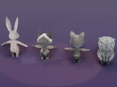 Gray Owl Rabbit Silver Fox Black Wolf 3D Models Pack Low-poly 3D model