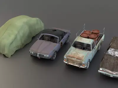 4 Old Rusty cars mini pack Low-poly 3D model