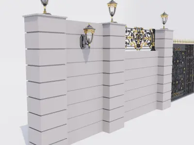Classic Mansion Style Gate with fence and Wall lamps 3D model