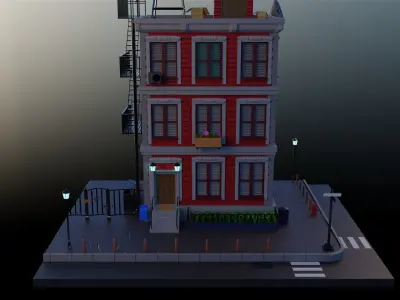 Cartoon building with decoration and street details PBR low-poly Low-poly 3D model