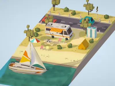isometric camping scene on the river  Low-poly 3D model
