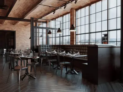 Industrial style restaurant interior Low-poly 3D model