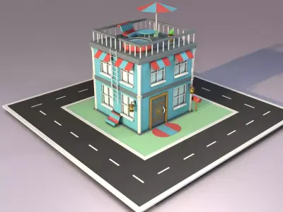 House building on street Low-poly 3D model
