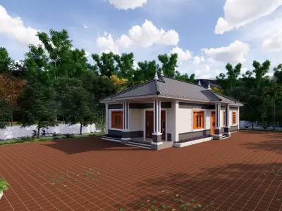 village house on brick patio 3D model
