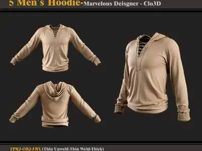 5 Men Hoodie -Md-Clo3D -ZPRJ - FBX - OBJ 3D model