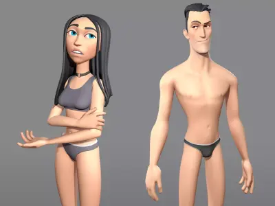 Male and female cartoon characters base mesh Low-poly 3D model