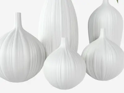 Ceramic white vase set with plants 3D model