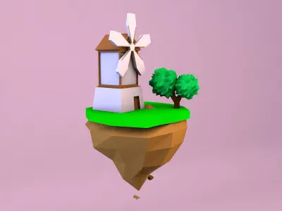 Cartoon Mill On Island Low Poly 3D Model Free low-poly 3D model