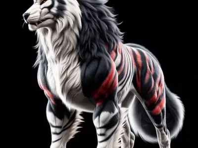 Fantasy Tiger Wolf Hybrid Red Stripes Glowing Eyes 3D Low-poly 3D model