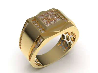 Mens Signet Ring with Princess Pave and Honeycomb Pattern mr0321 3D print model