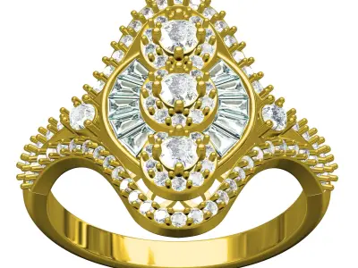 Three Vertical Diamond Art Deco Ring 3D print model
