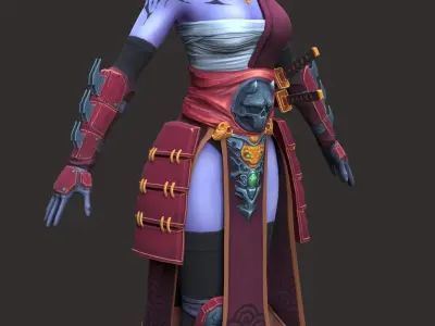 Oni-girl samurai woman with hair and eyes Low-poly 3D model